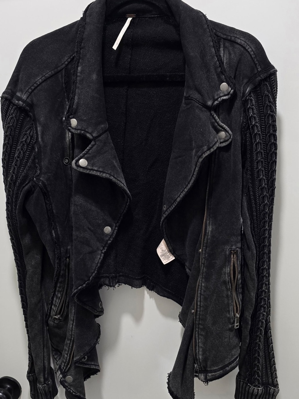 Free People Black Distressed Faux Leather Moto Jacket with Knit Sleeves